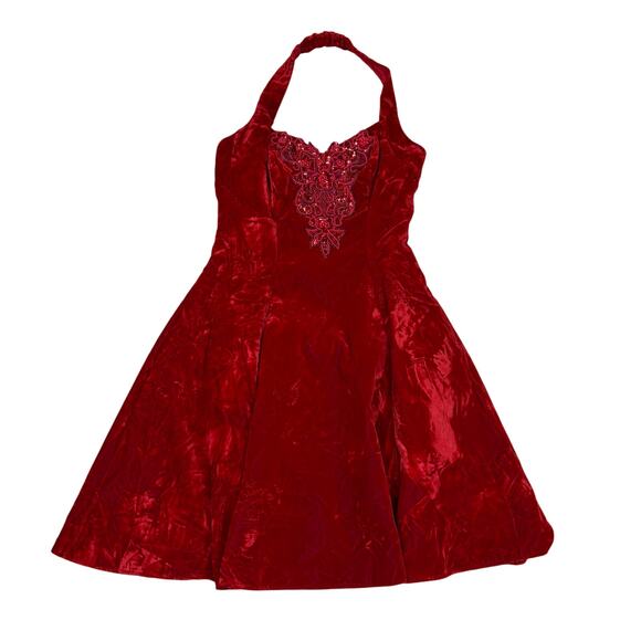 Vintage 80s Jump Apparel Beaded Velvet Halter Dress Women's 7/8 Cherry Girl Mod - Picture 1 of 11